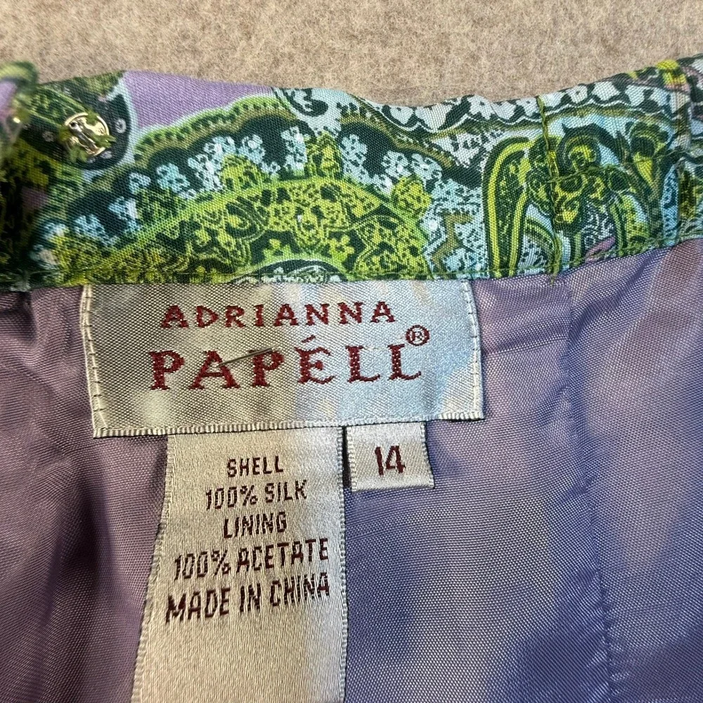 Adrianna Papell 100% Silk Paisley Beaded Pants Green Purple Size 14 Straight Leg
